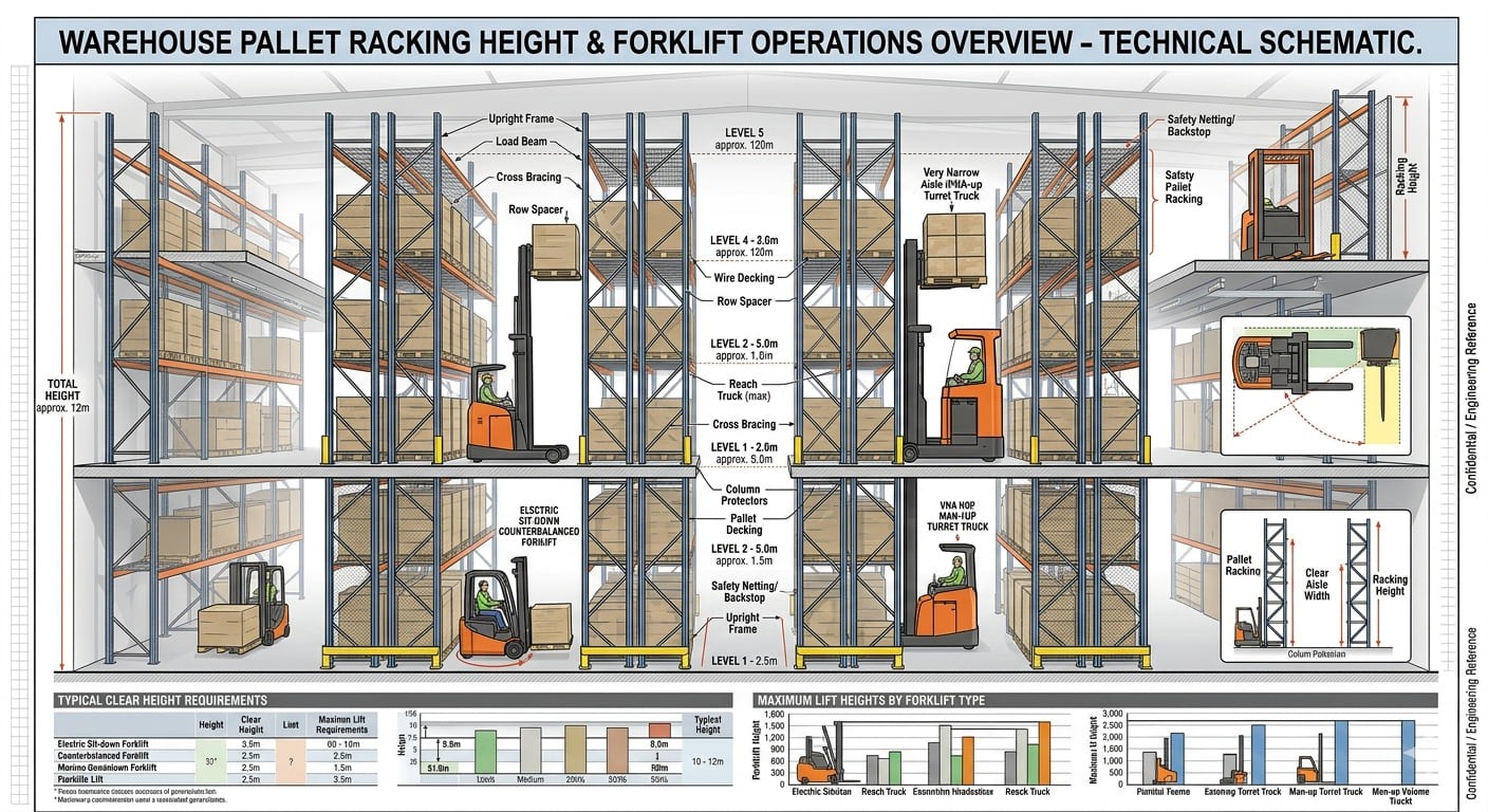 warehouse pallet racking height overview with forklifts operating at different levels warehouse pallet racking height overview with forklifts operating at different levels